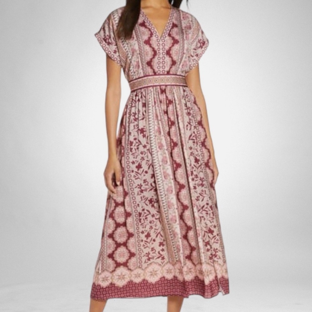Gal Meets Glam Liza Maroon Multi Printed Charmeuse V-Neck Midi Dress NWT Size 6